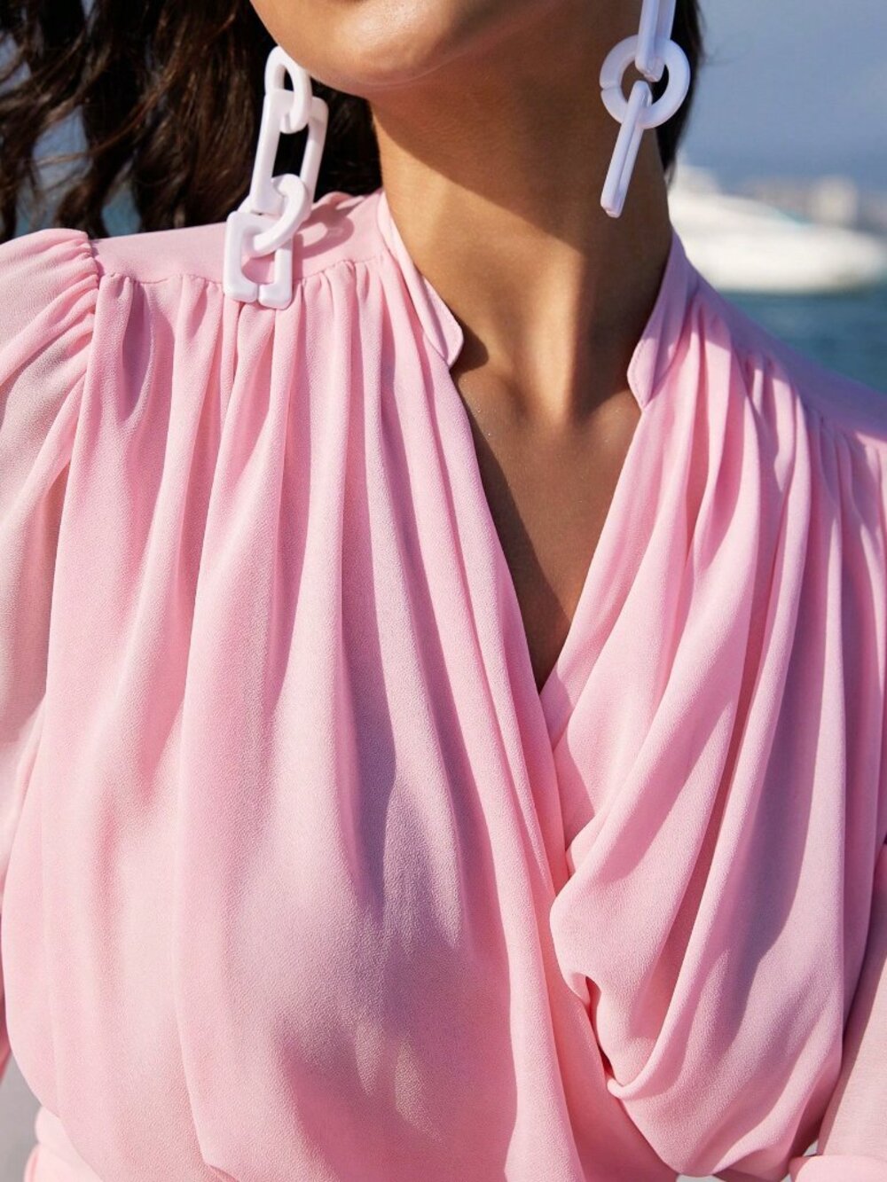 Pink Party Women's V-Neck Tie Waist Blouse - Picture 3 of 7